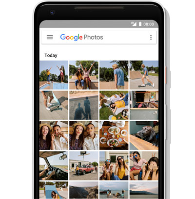 Partial view of the Google Pixel 2 screen, which shows a thumb view of Google Photos   